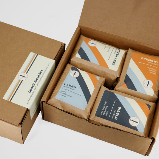 An open sampler box showing four 8oz bags -1 each of Ladro Classic Blends.