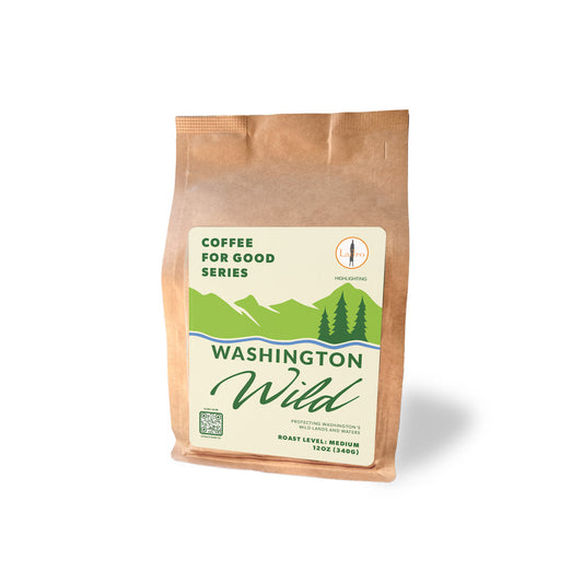 Brown coffee bag with 'Washington Wild' label on a white background